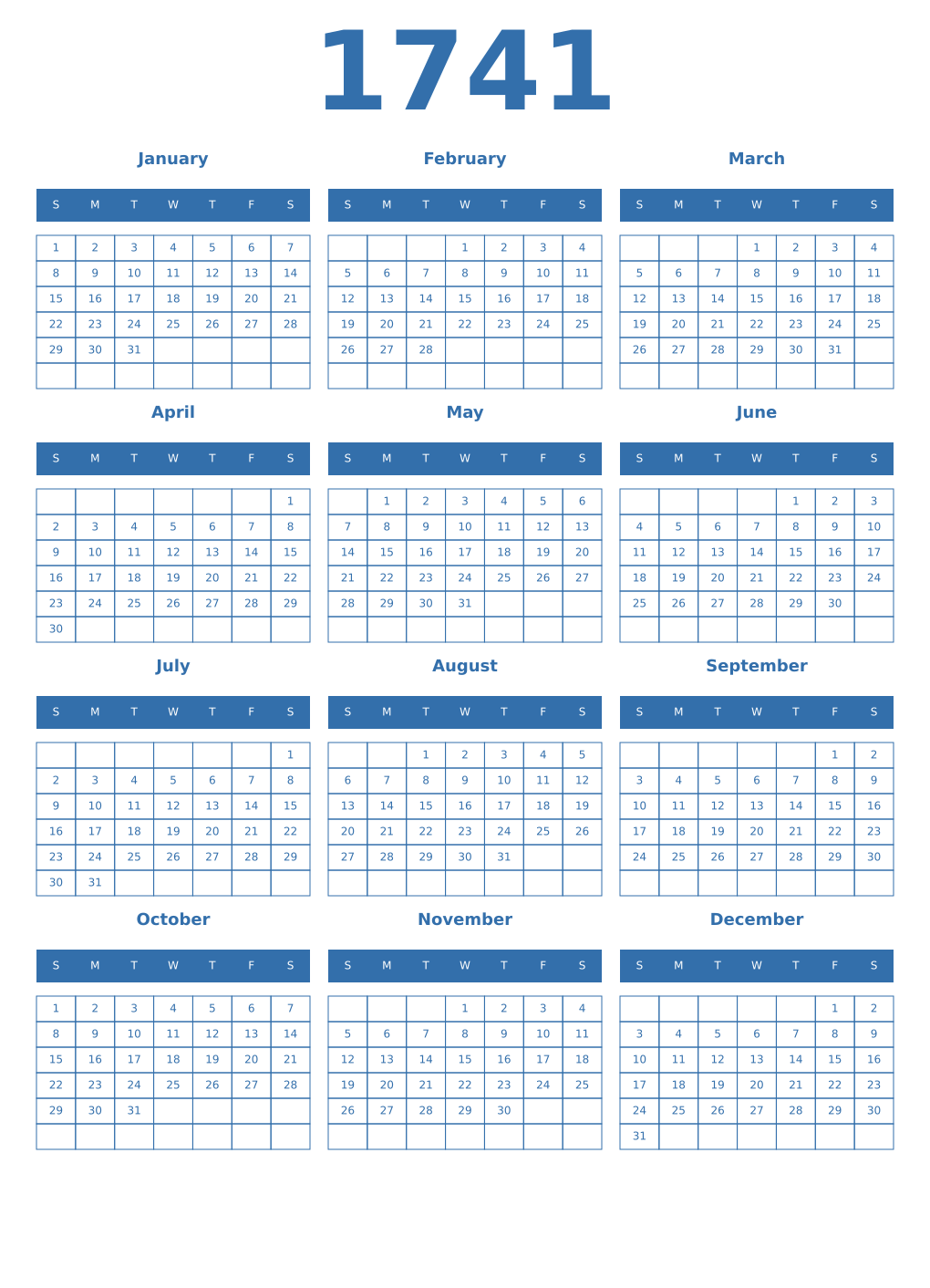 Printable 1741 Year Calendars blue