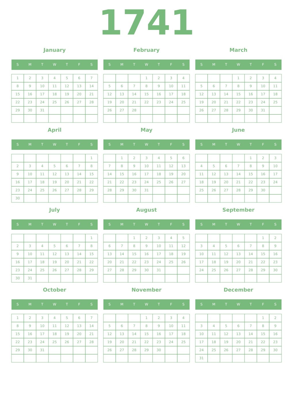 Printable 1741 Year Calendars celadon