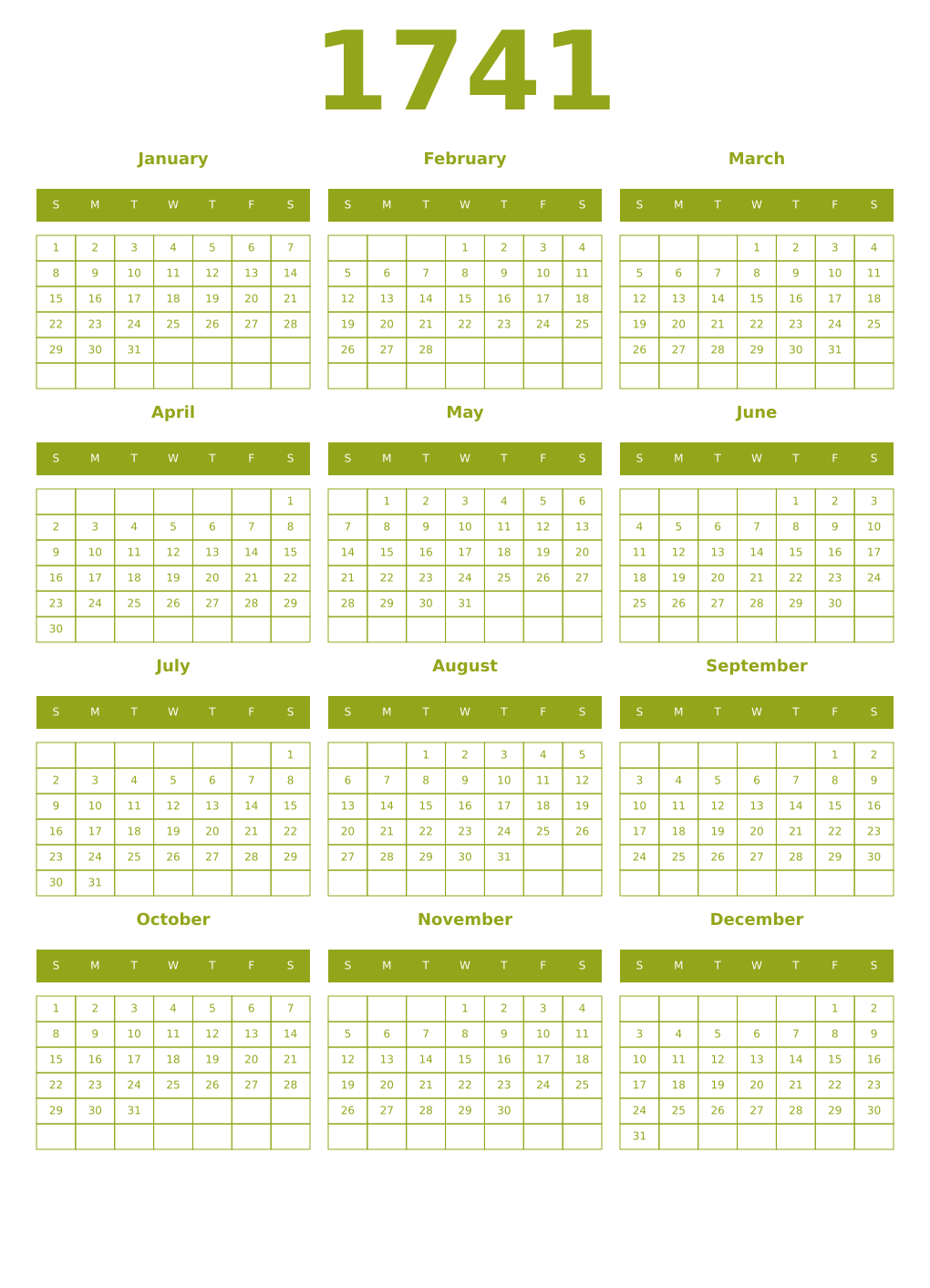 Printable 1741 Year Calendars chartreuse