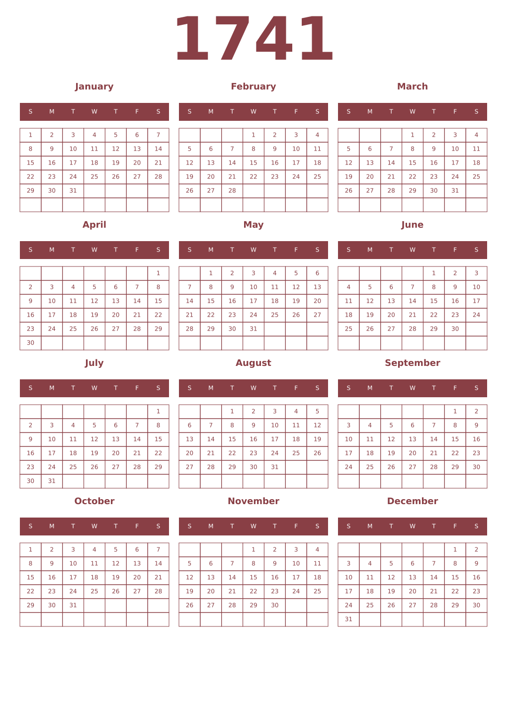 Printable 1741 Year Calendars cordovan