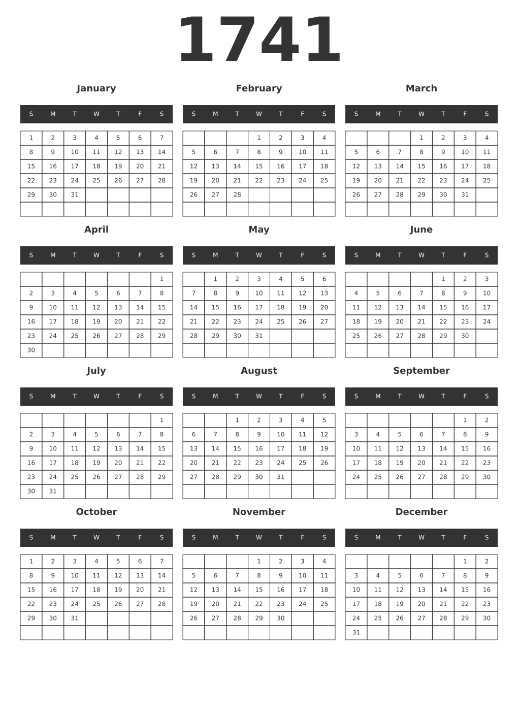 Printable 1741 Year Calendars dark