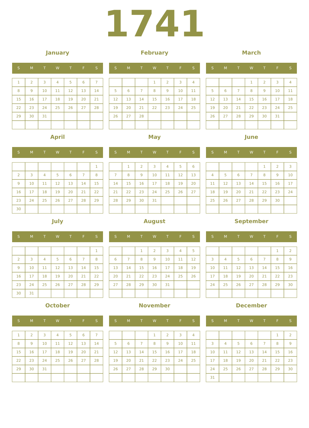 Printable 1741 Year Calendars eburnean