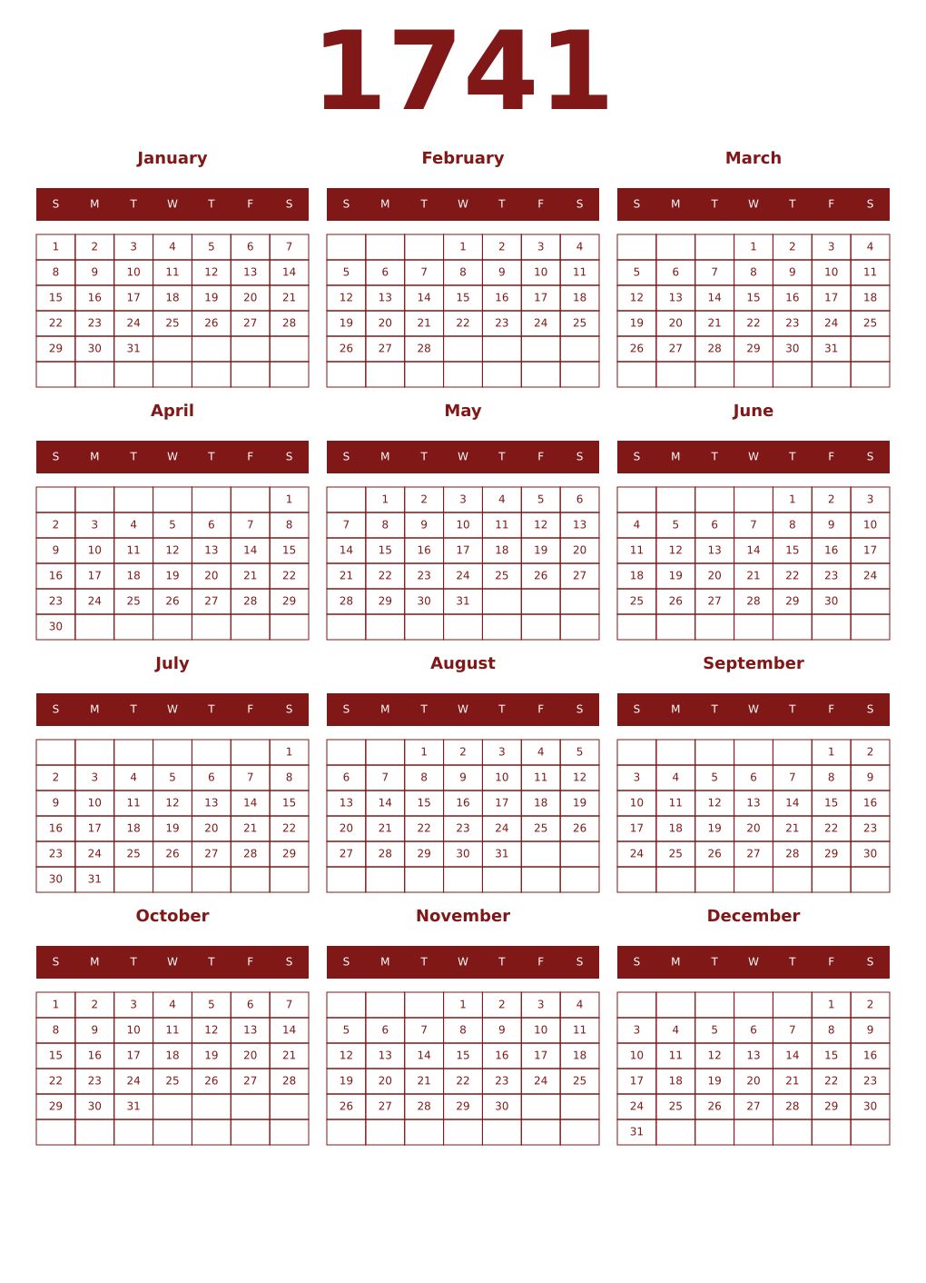 Printable 1741 Year Calendars falu