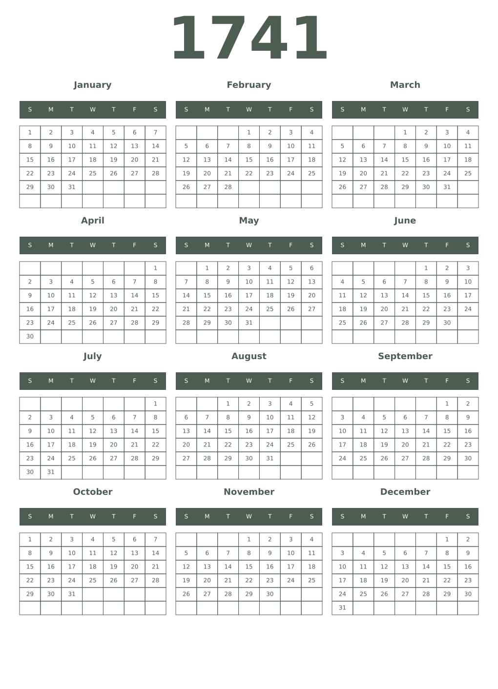 Printable 1741 Year Calendars feldgrau