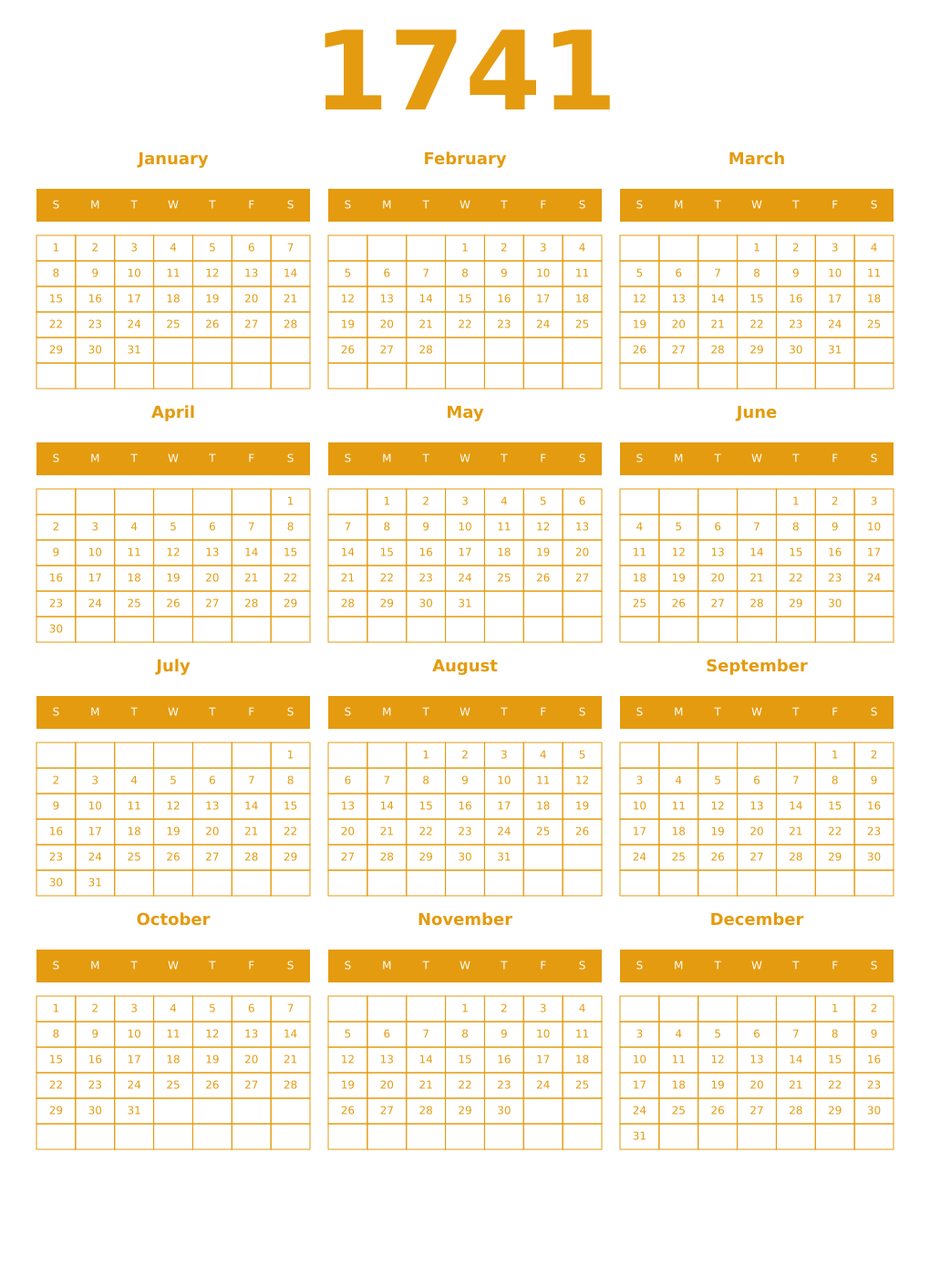 Printable 1741 Year Calendars gamboge