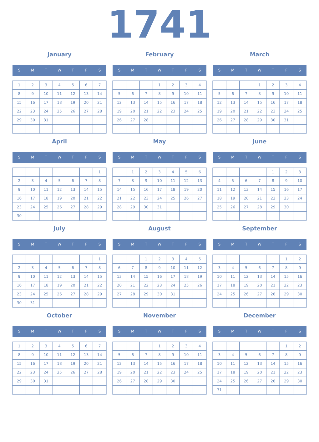 Printable 1741 Year Calendars glaucous