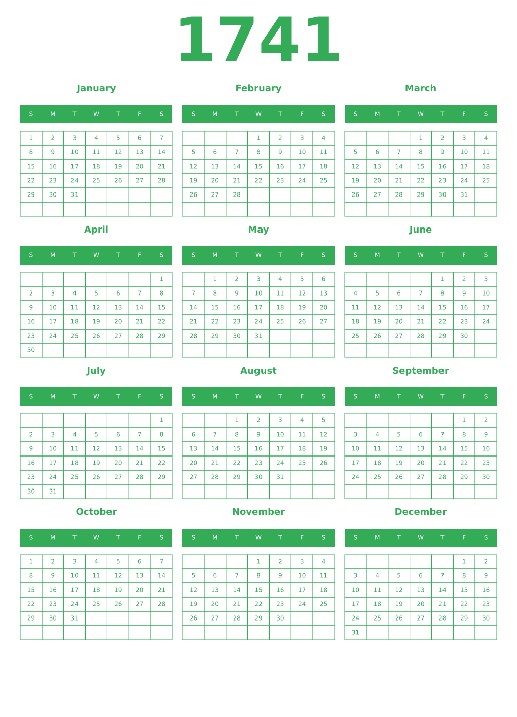 Printable 1741 Year Calendars green