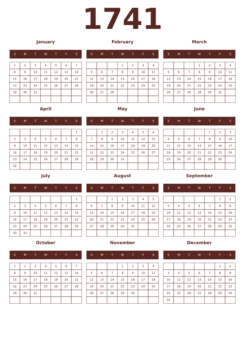 Printable 1741 Year Calendars mortuum