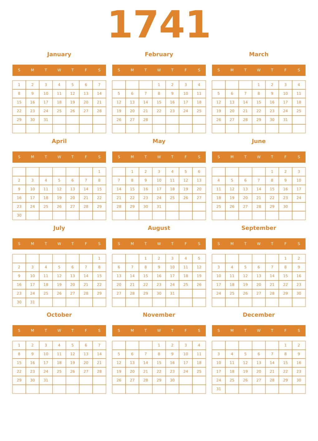Printable 1741 Year Calendars orange