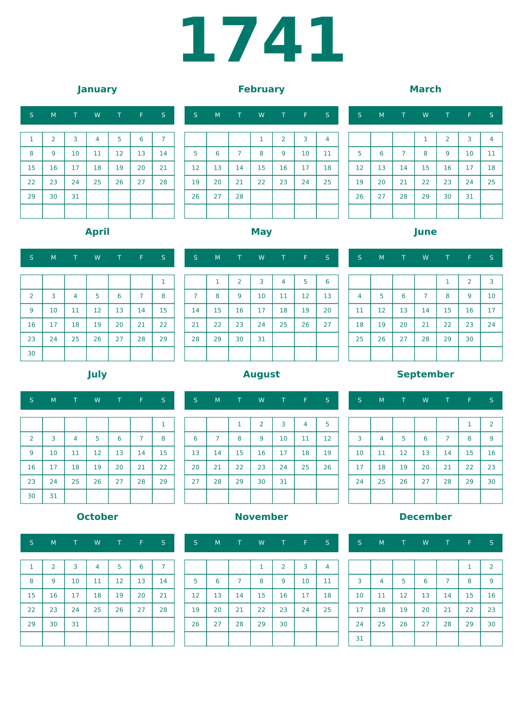 Printable 1741 Year Calendars pastel