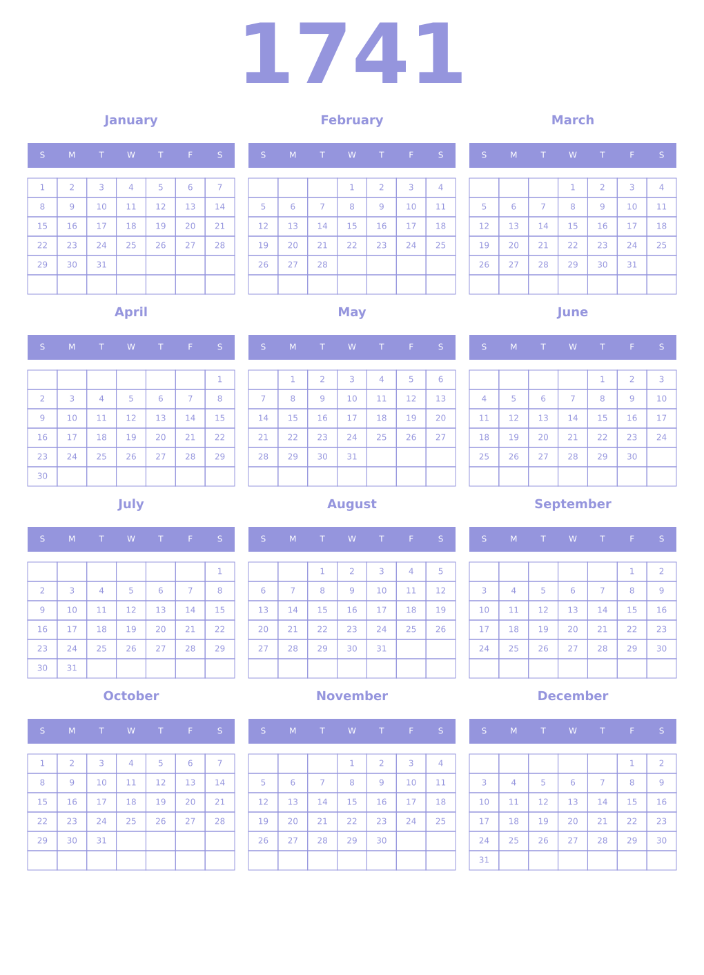 Printable 1741 Year Calendars periwinkle
