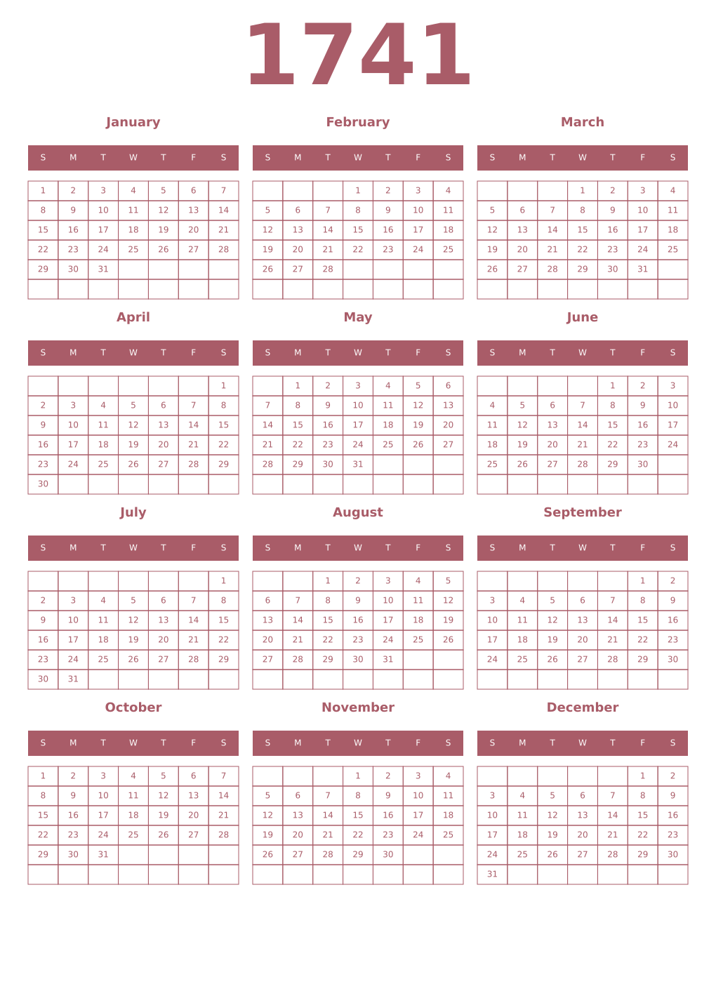 Printable 1741 Year Calendars puce