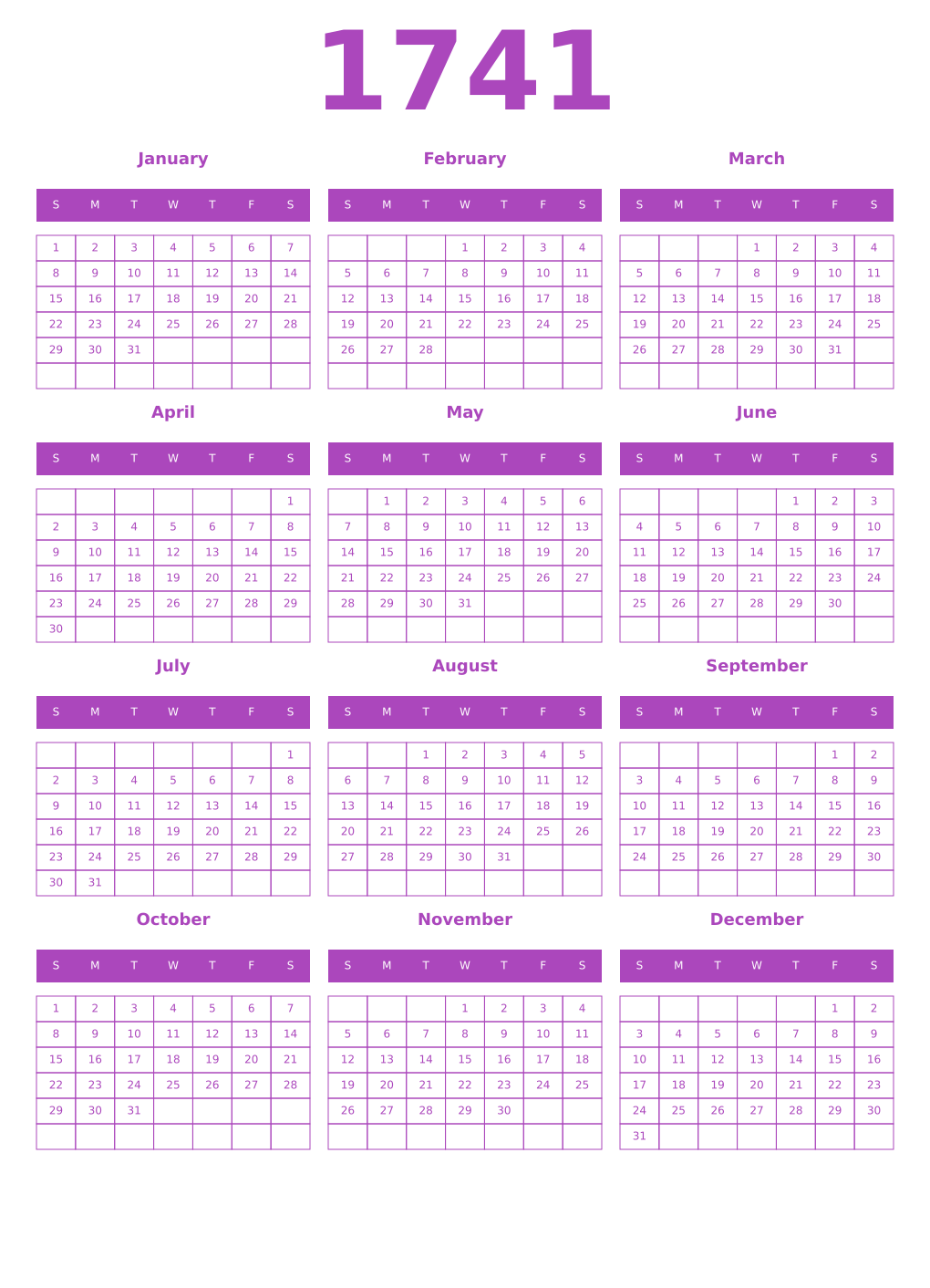 Printable 1741 Year Calendars purple
