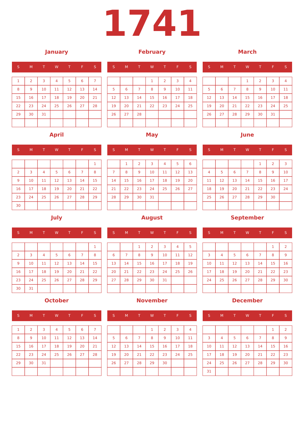 Printable 1741 Year Calendars red