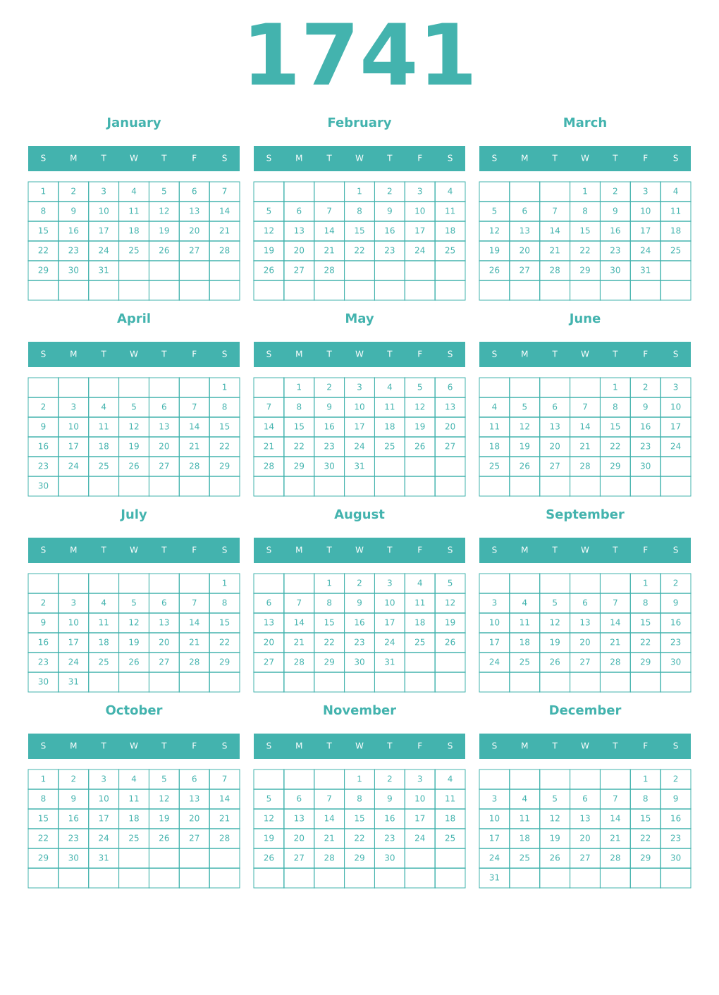 Printable 1741 Year Calendars verdigris