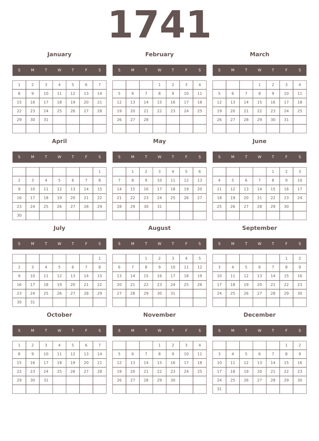 Printable 1741 Year Calendars wenge