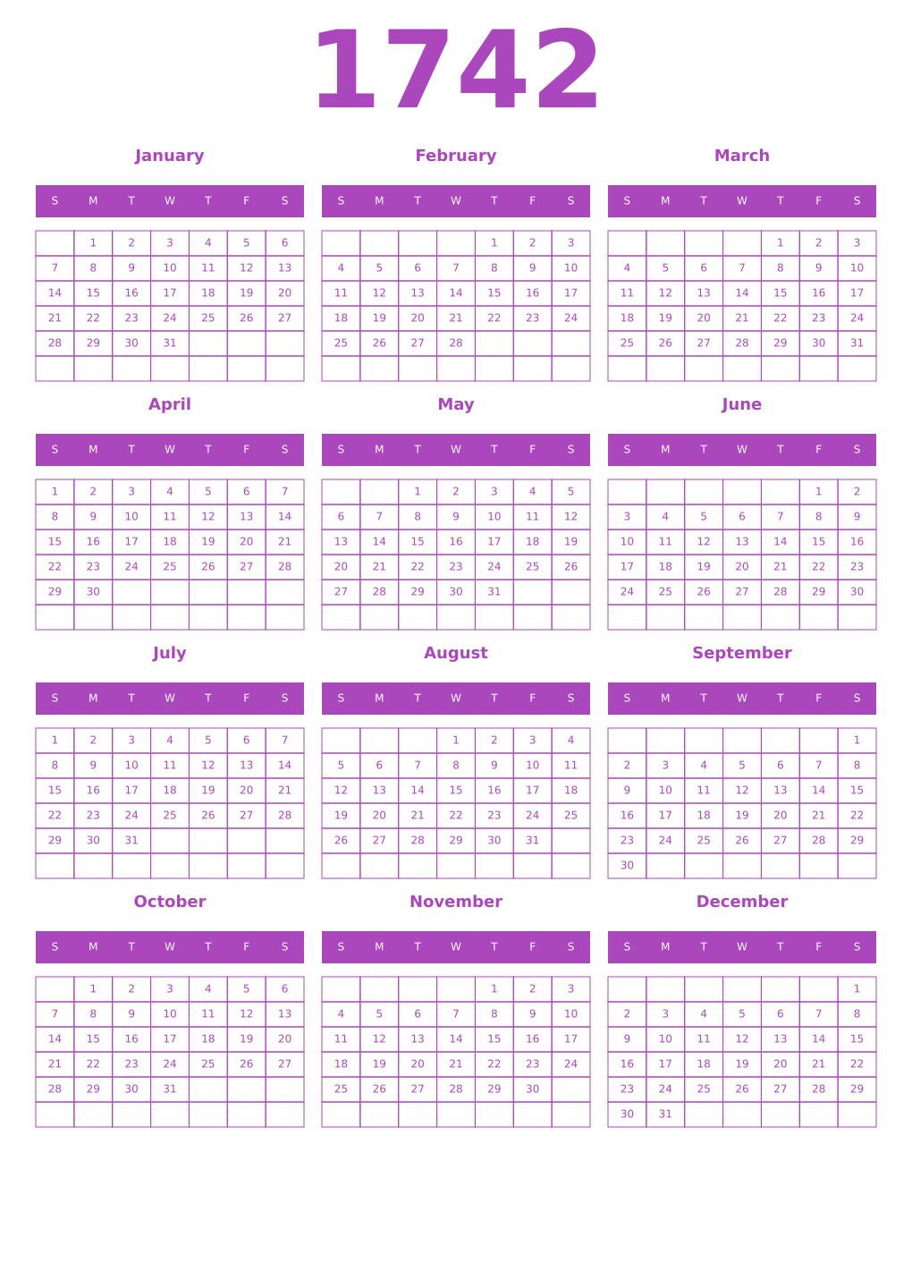 Printable 1742 Year Calendars purple