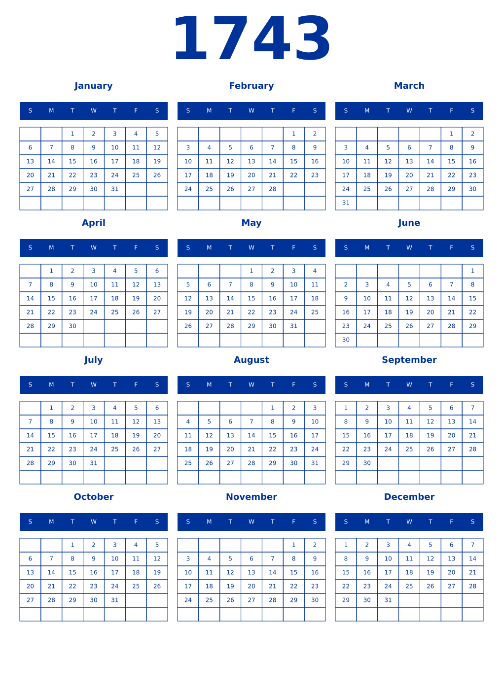 Printable 1743 Year Calendars smalt