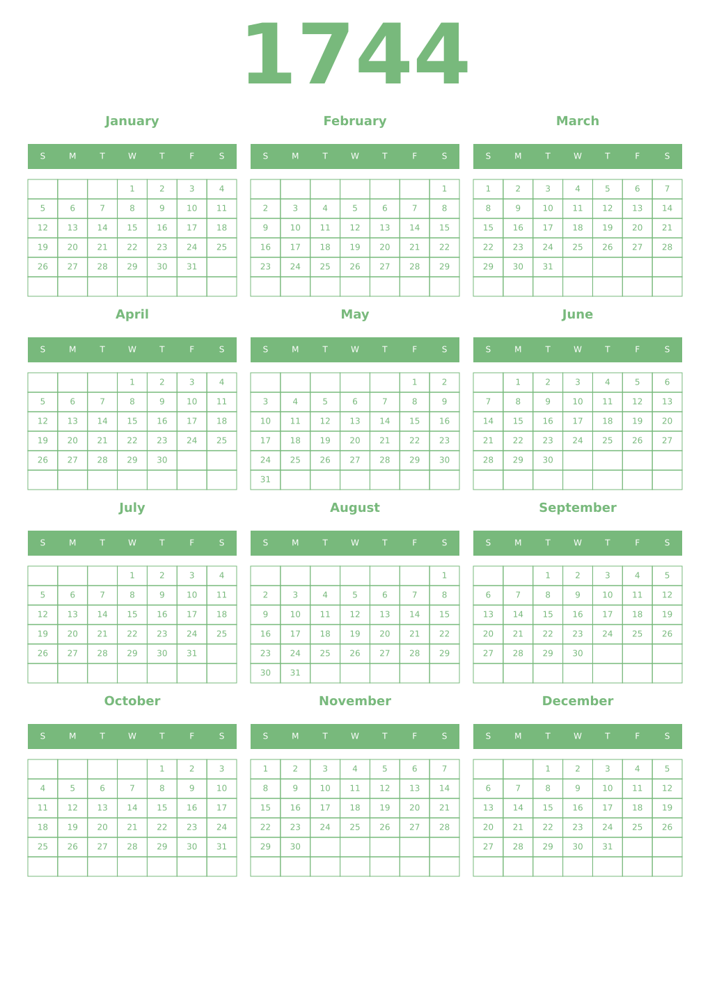 Printable 1744 Year Calendars celadon