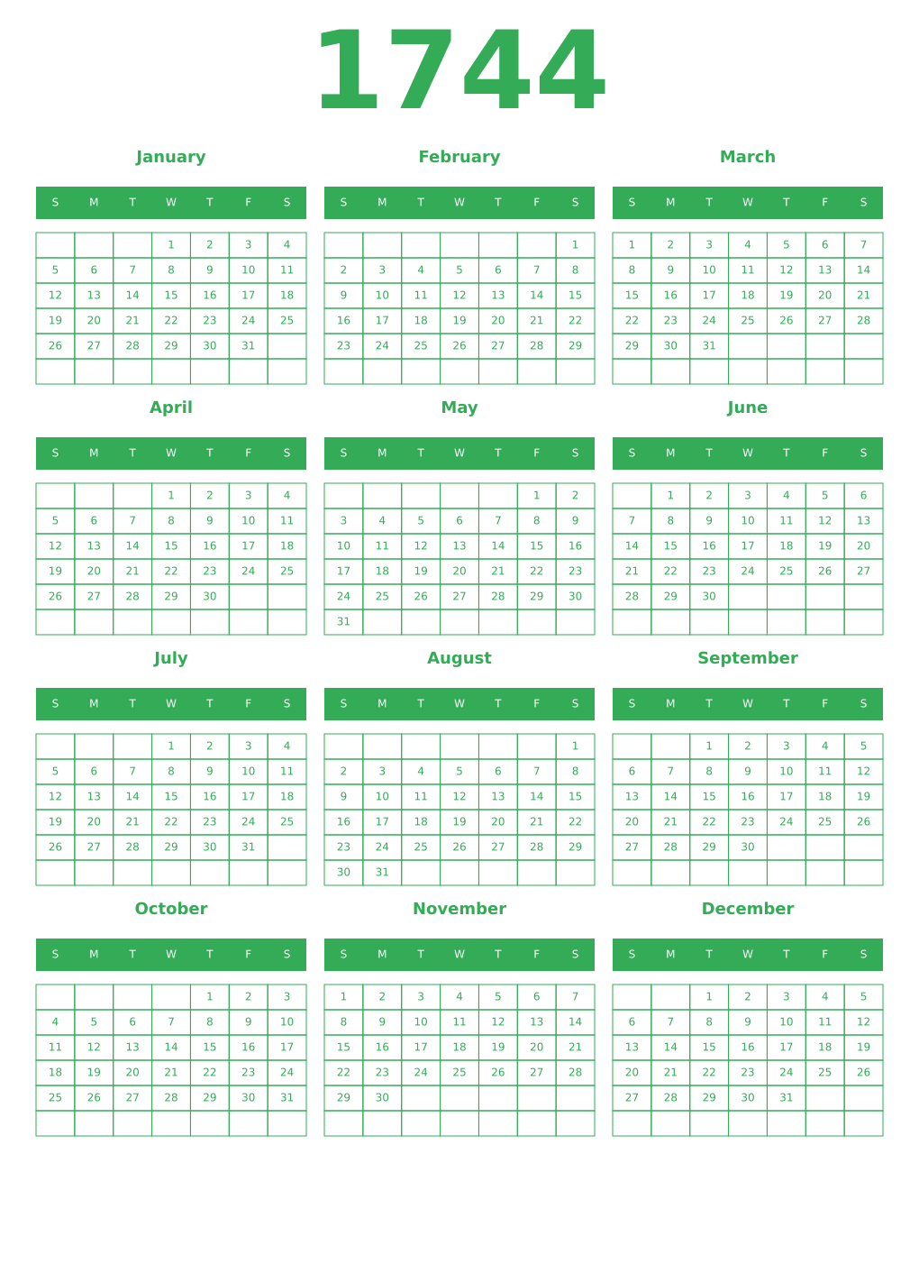 Printable 1744 Year Calendars green