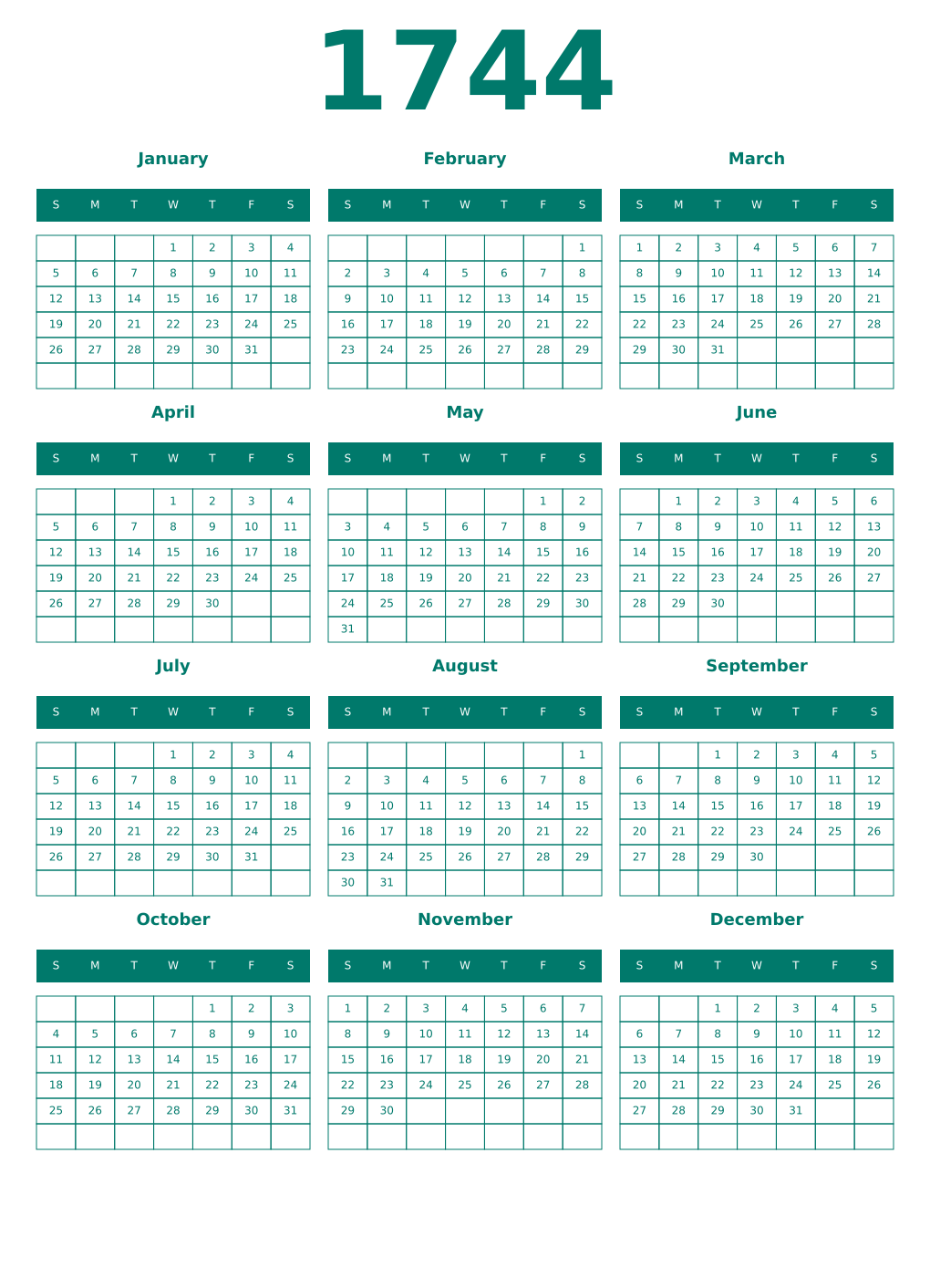 Printable 1744 Year Calendars pastel