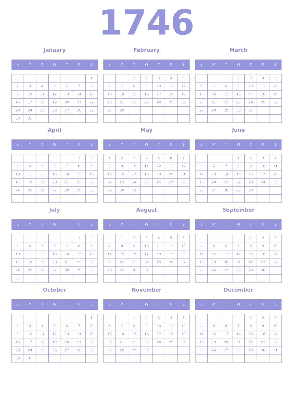 Printable 1746 Year Calendars periwinkle