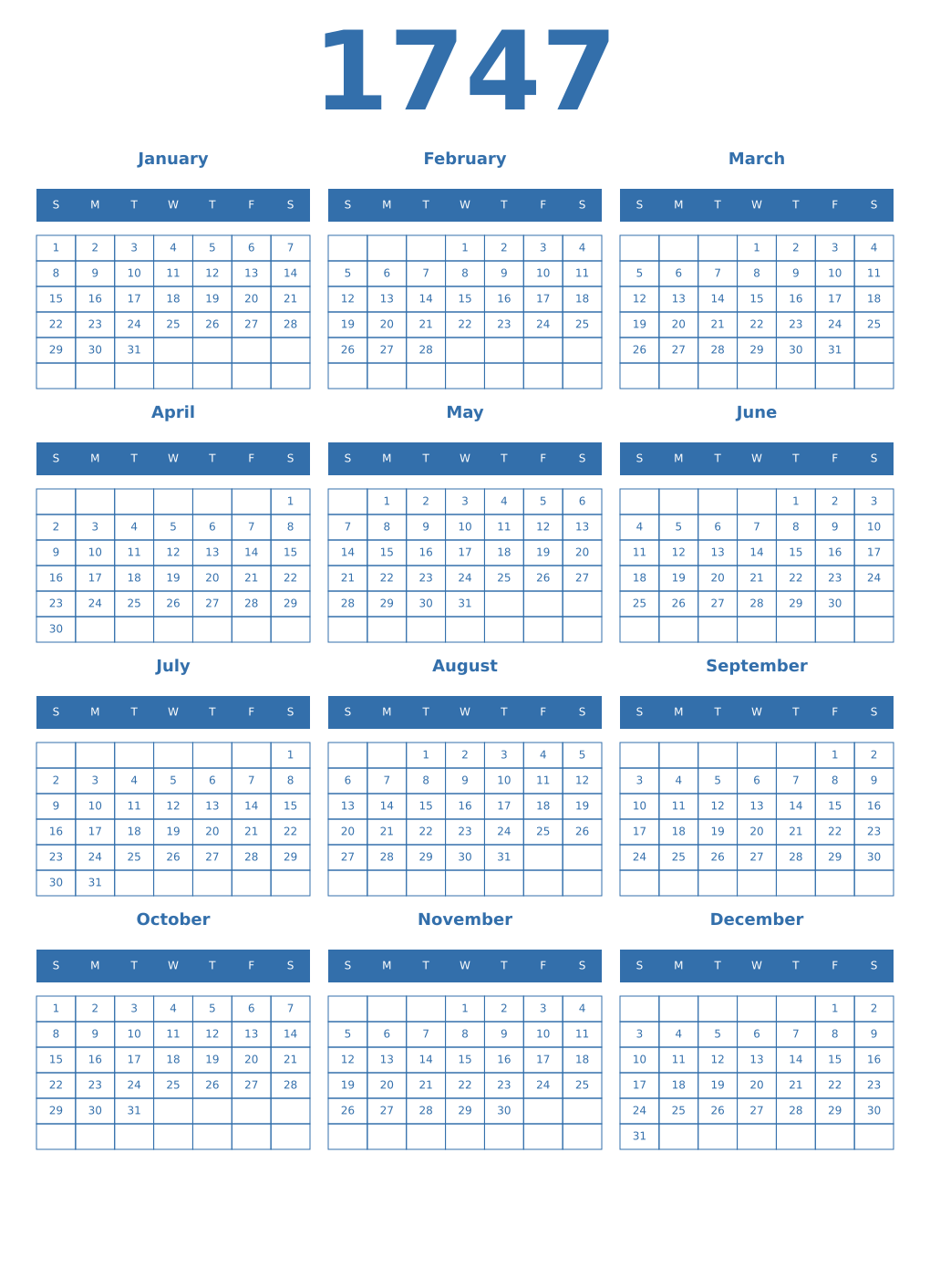 Printable 1747 Year Calendars blue
