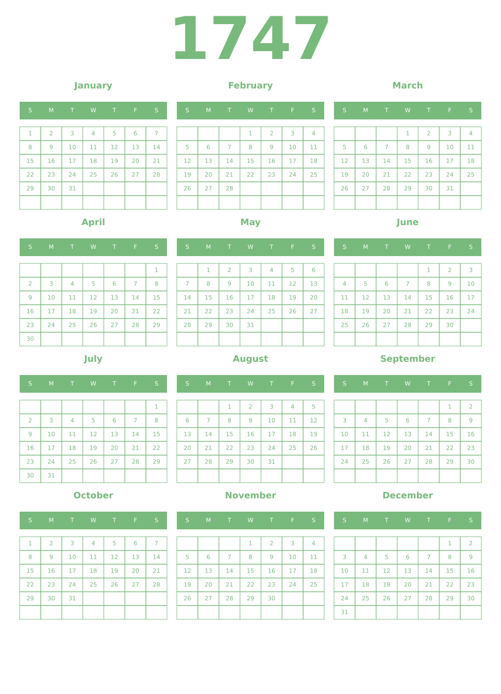 Printable 1747 Year Calendars celadon