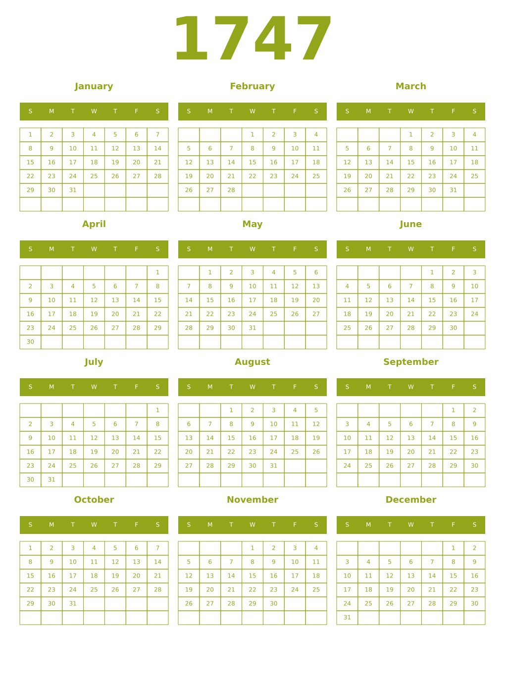 Printable 1747 Year Calendars chartreuse