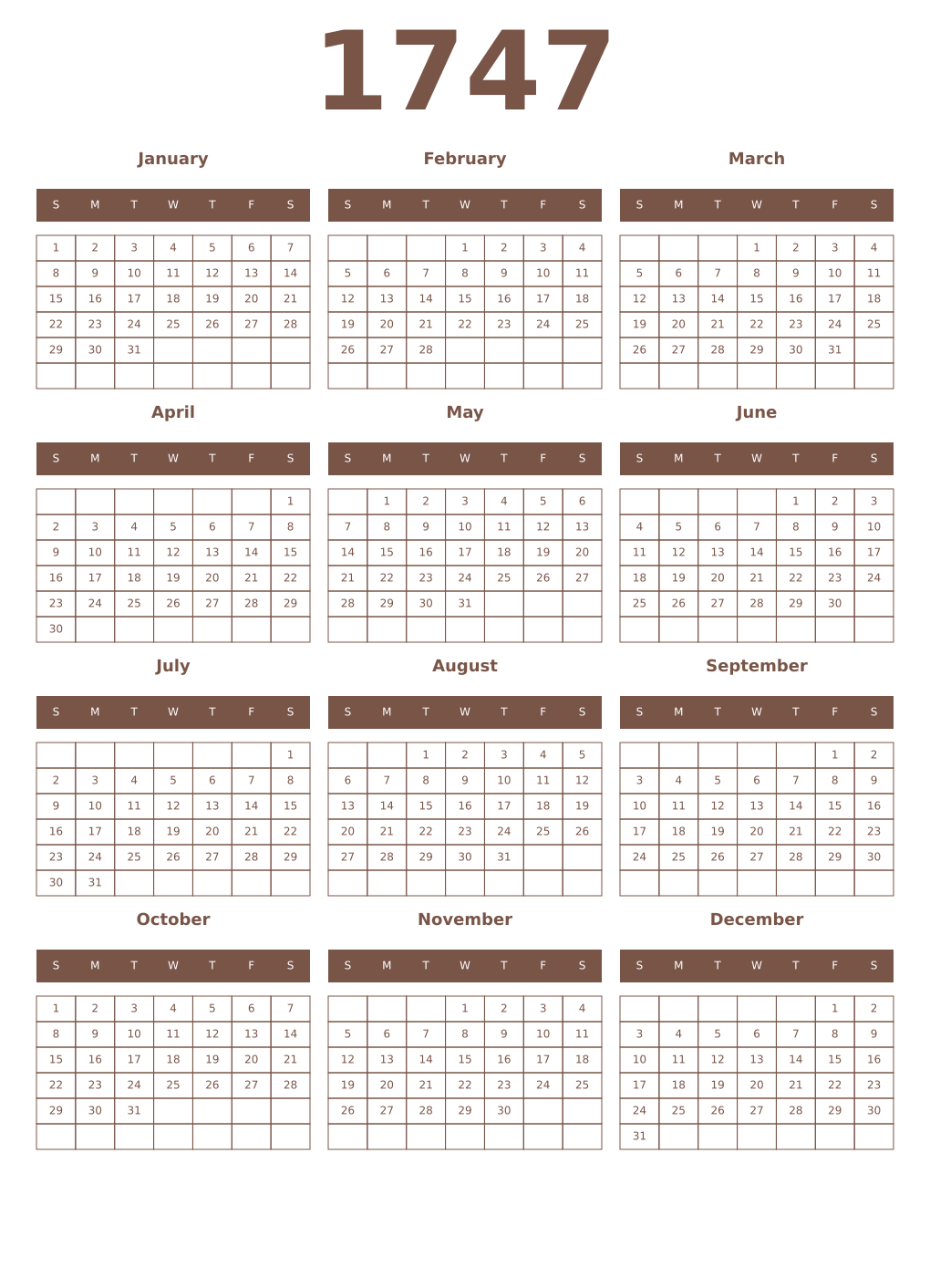 Printable 1747 Year Calendars coffe