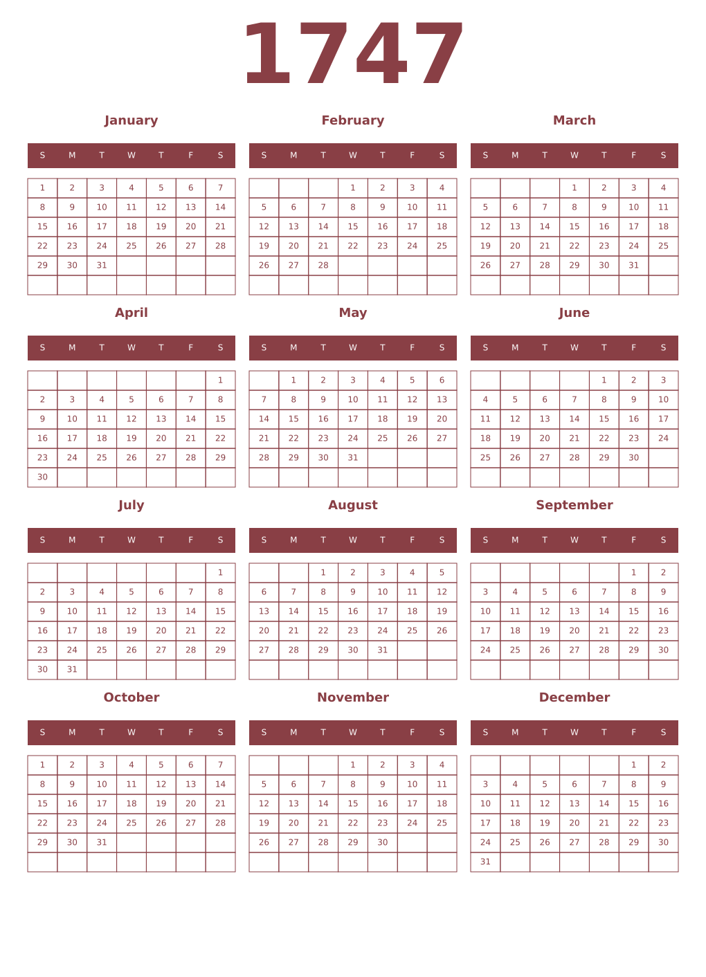Printable 1747 Year Calendars cordovan