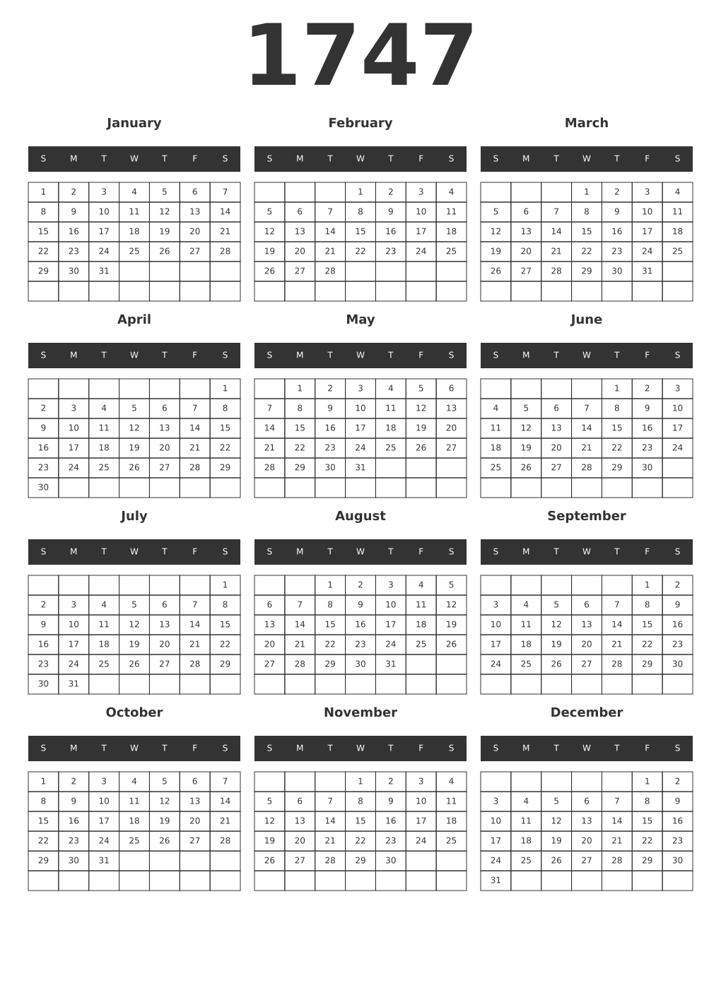 Printable 1747 Year Calendars dark
