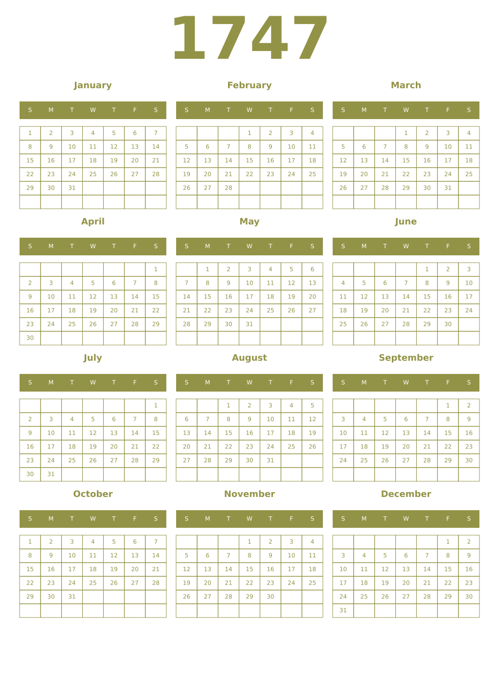Printable 1747 Year Calendars eburnean