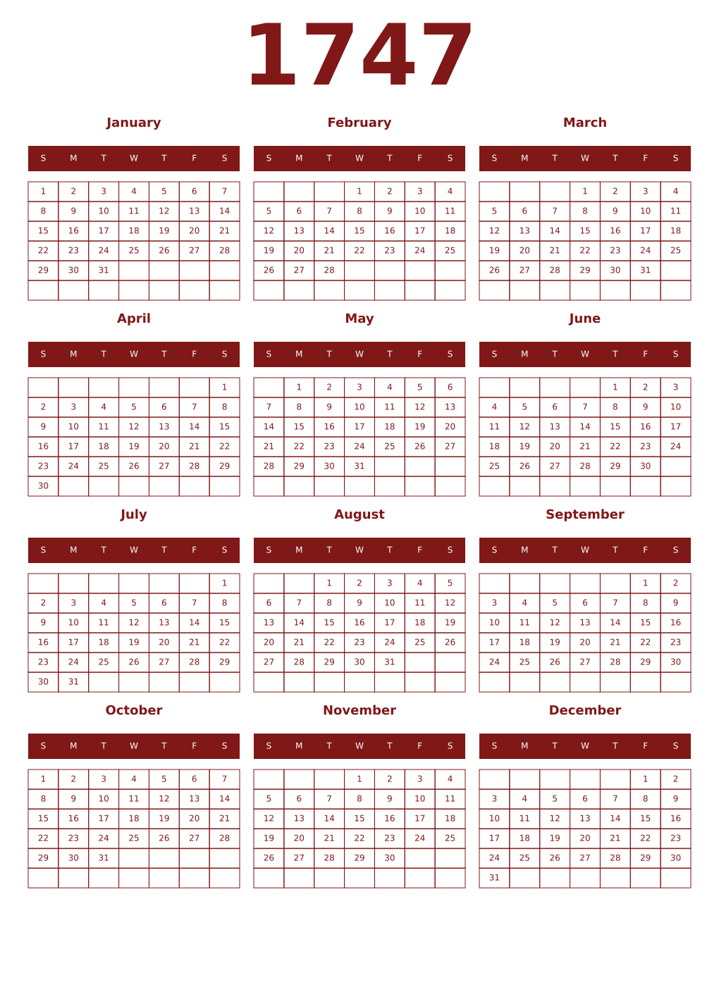 Printable 1747 Year Calendars falu