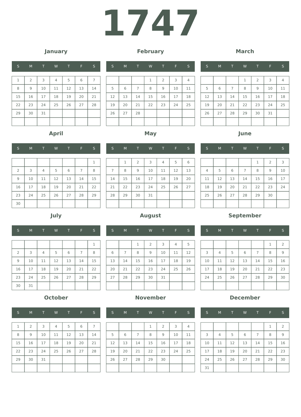 Printable 1747 Year Calendars feldgrau