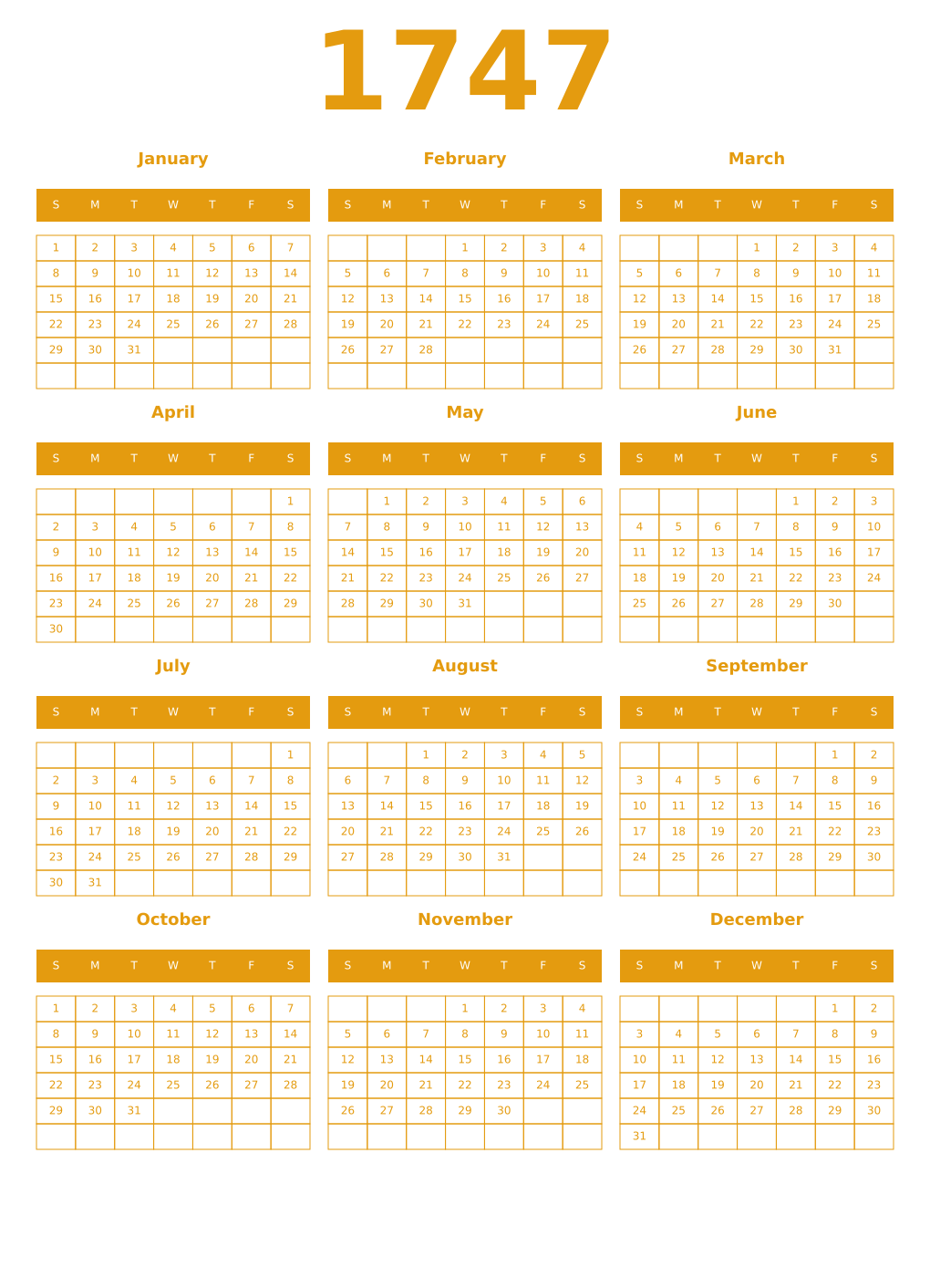 Printable 1747 Year Calendars gamboge