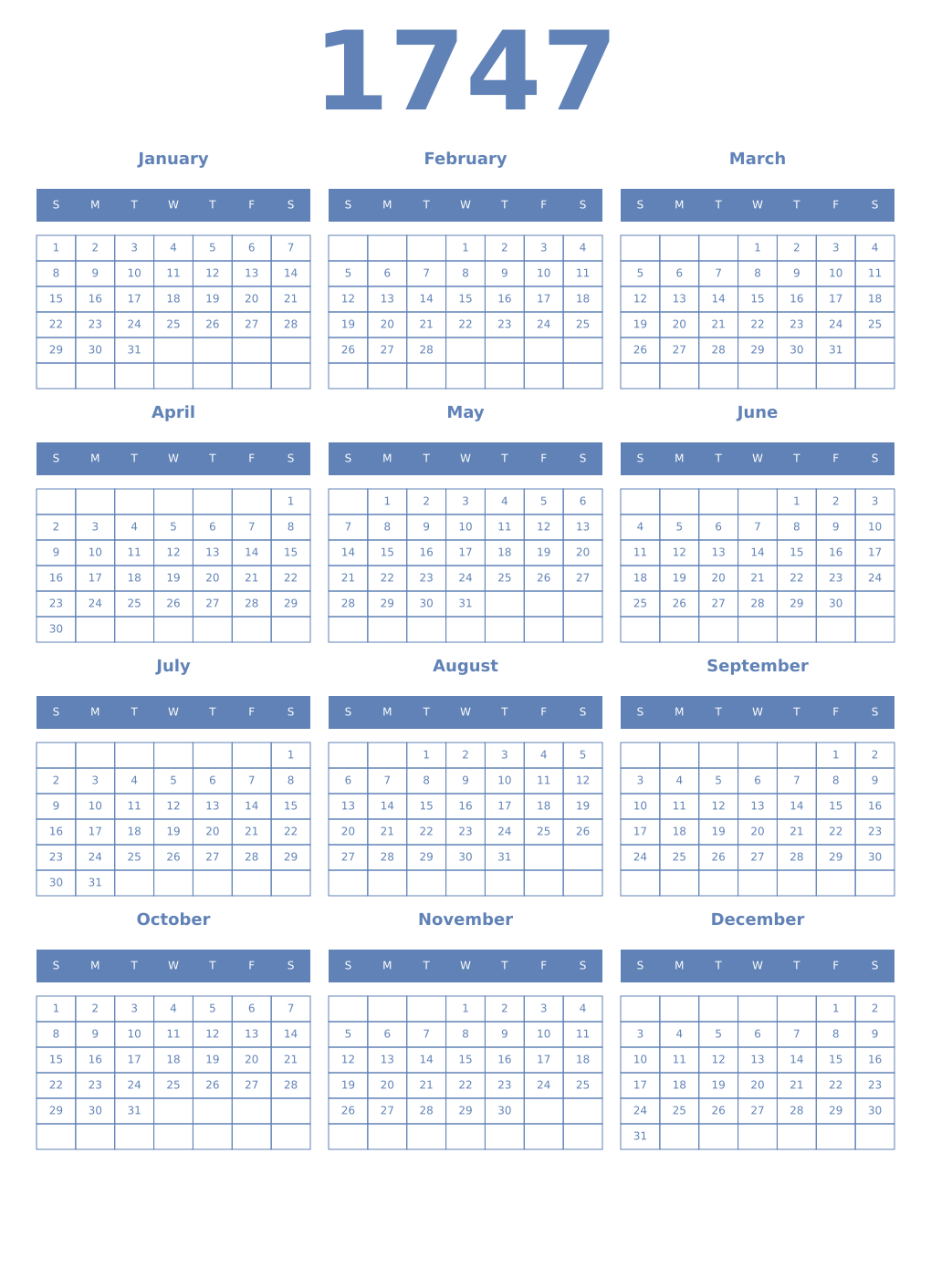 Printable 1747 Year Calendars glaucous