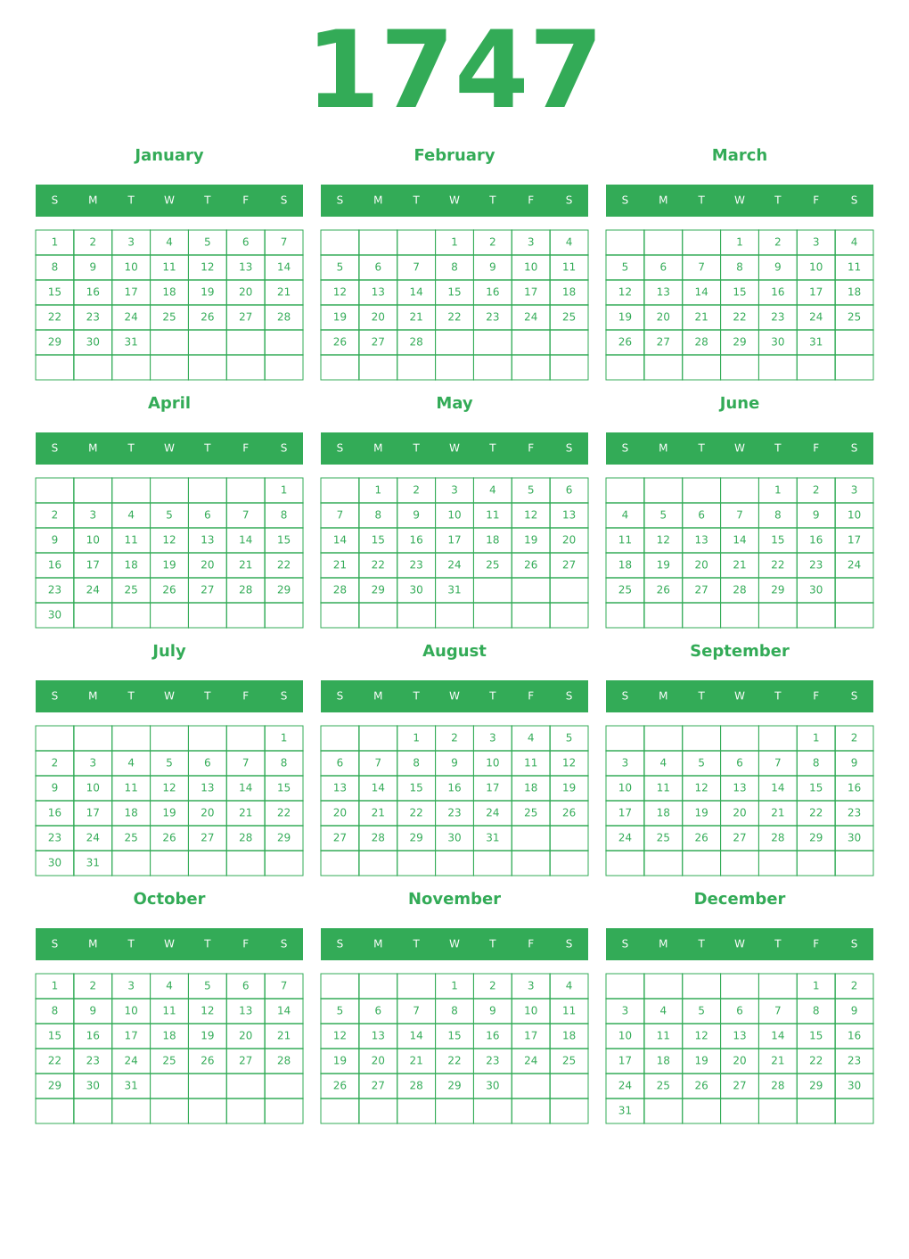 Printable 1747 Year Calendars green