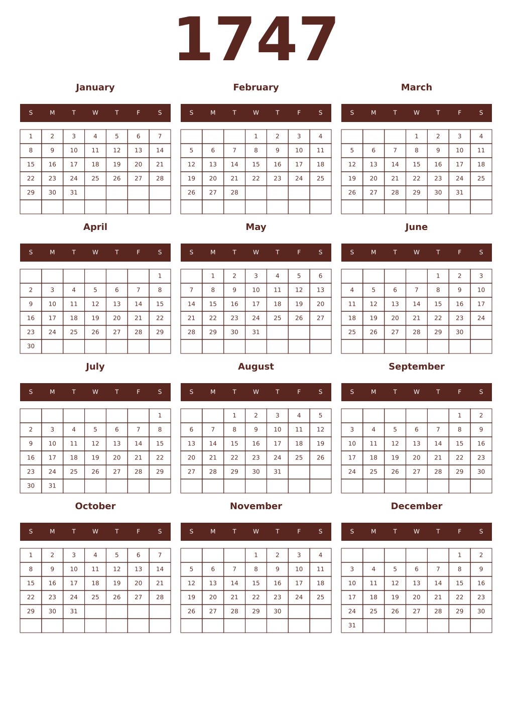 Printable 1747 Year Calendars mortuum