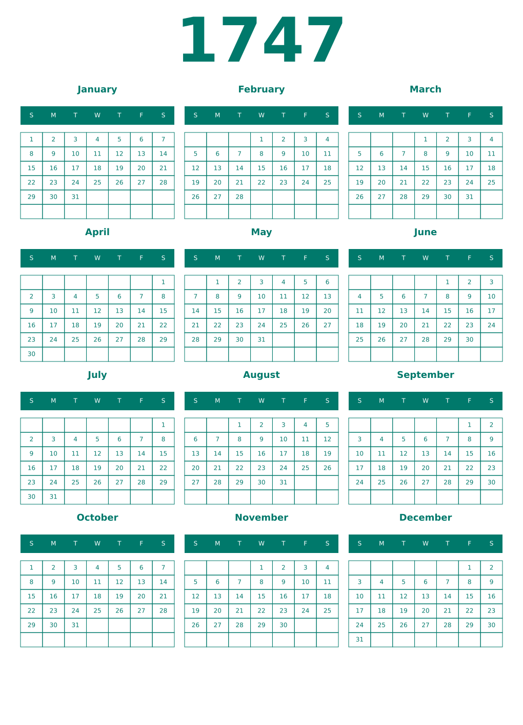 Printable 1747 Year Calendars pastel