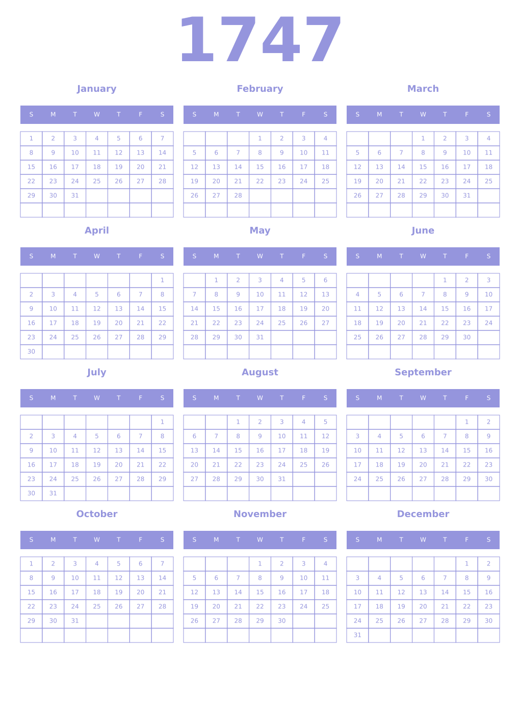 Printable 1747 Year Calendars periwinkle
