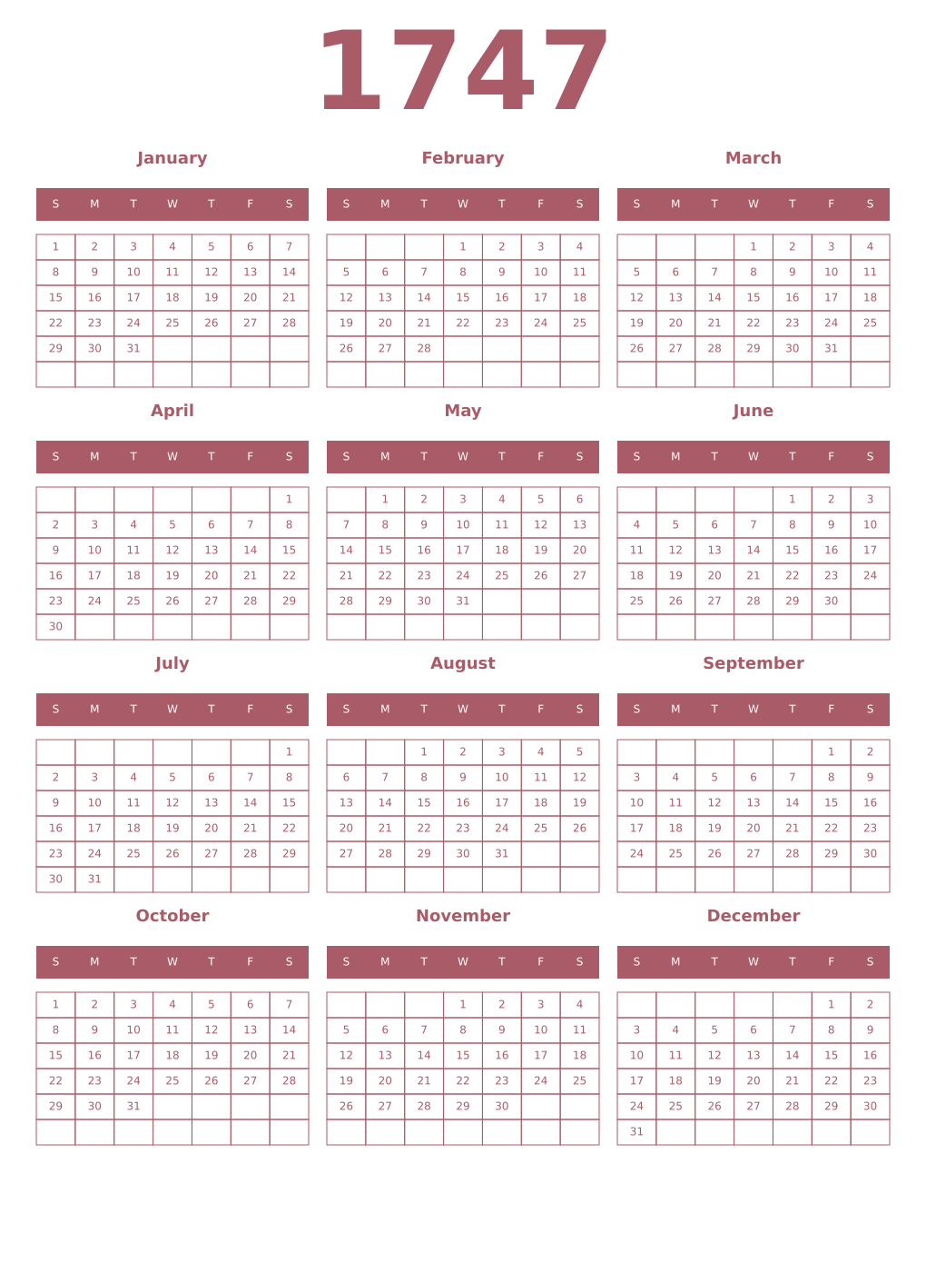Printable 1747 Year Calendars puce