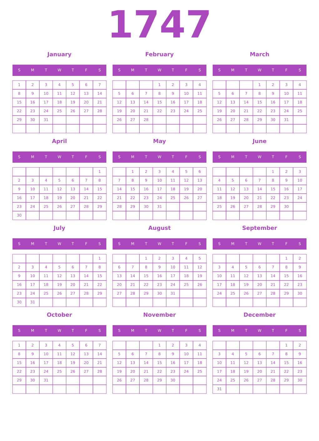Printable 1747 Year Calendars purple