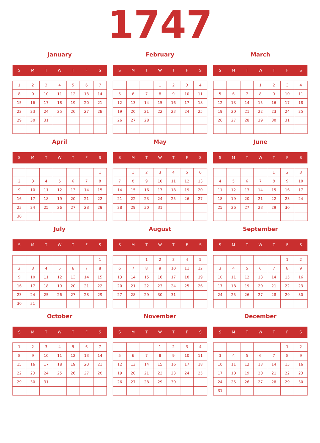 Printable 1747 Year Calendars red