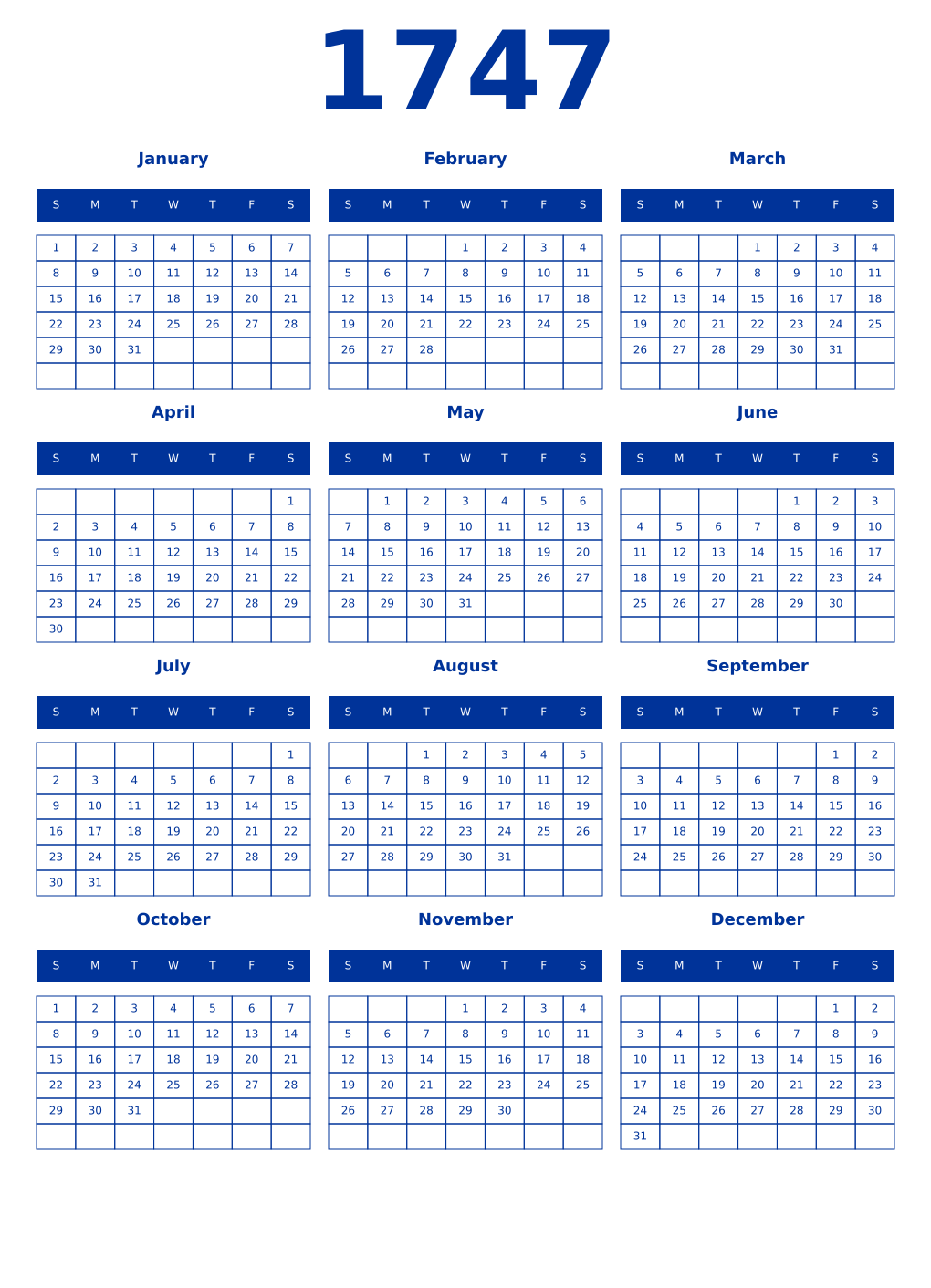 Printable 1747 Year Calendars smalt