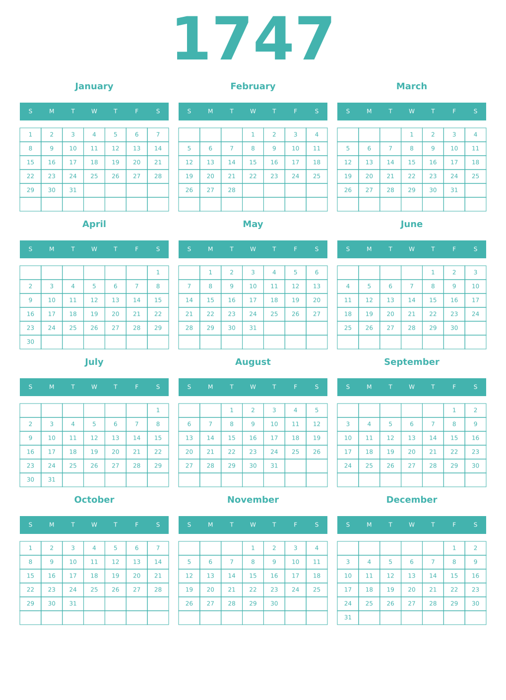 Printable 1747 Year Calendars verdigris