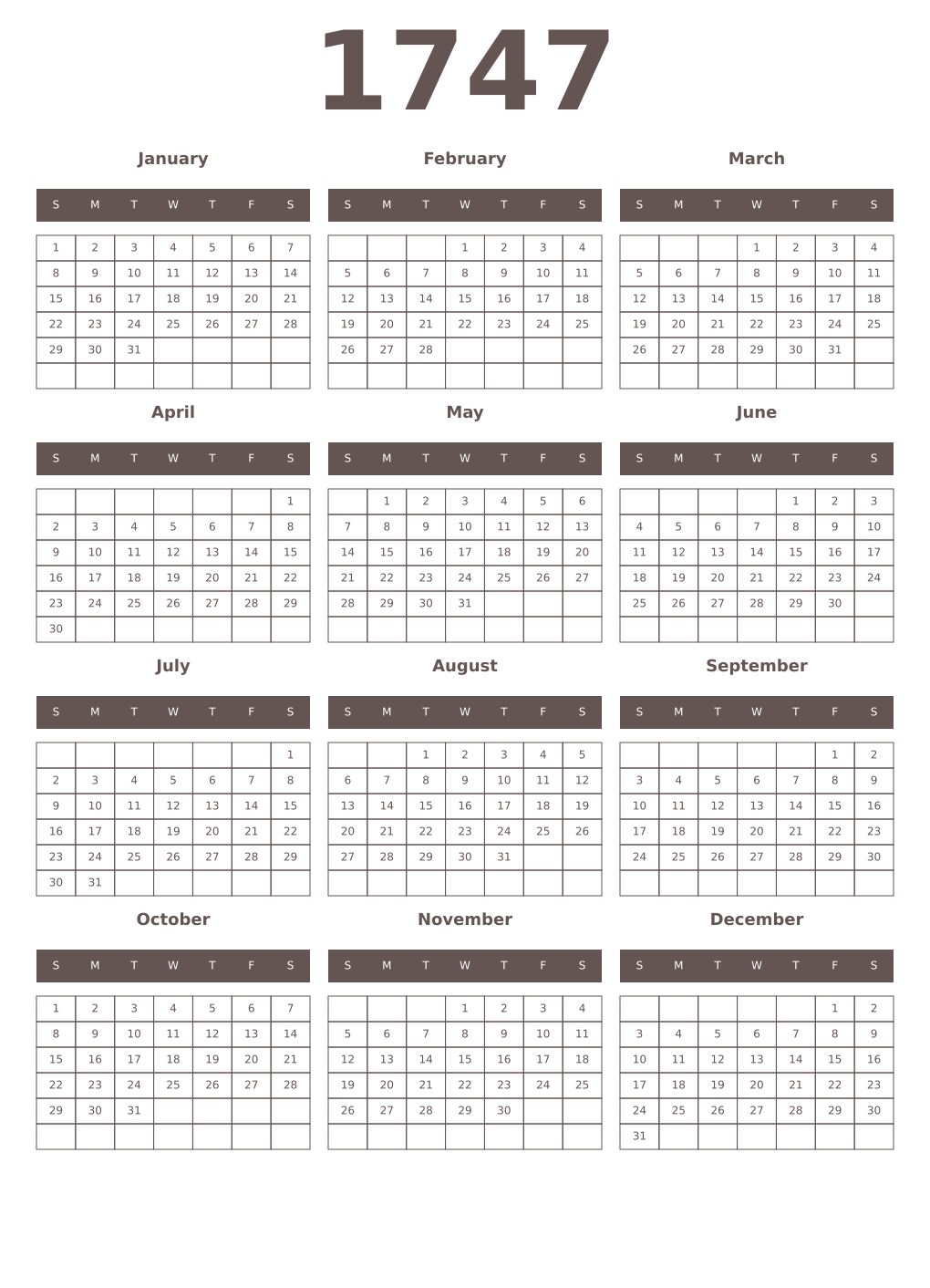 Printable 1747 Year Calendars wenge