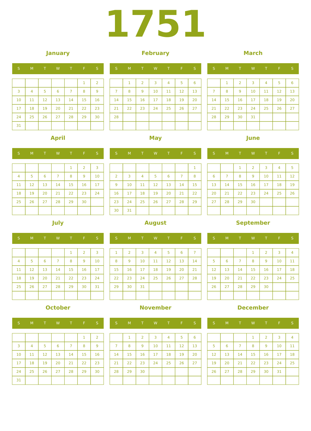 Printable 1751 Year Calendars chartreuse