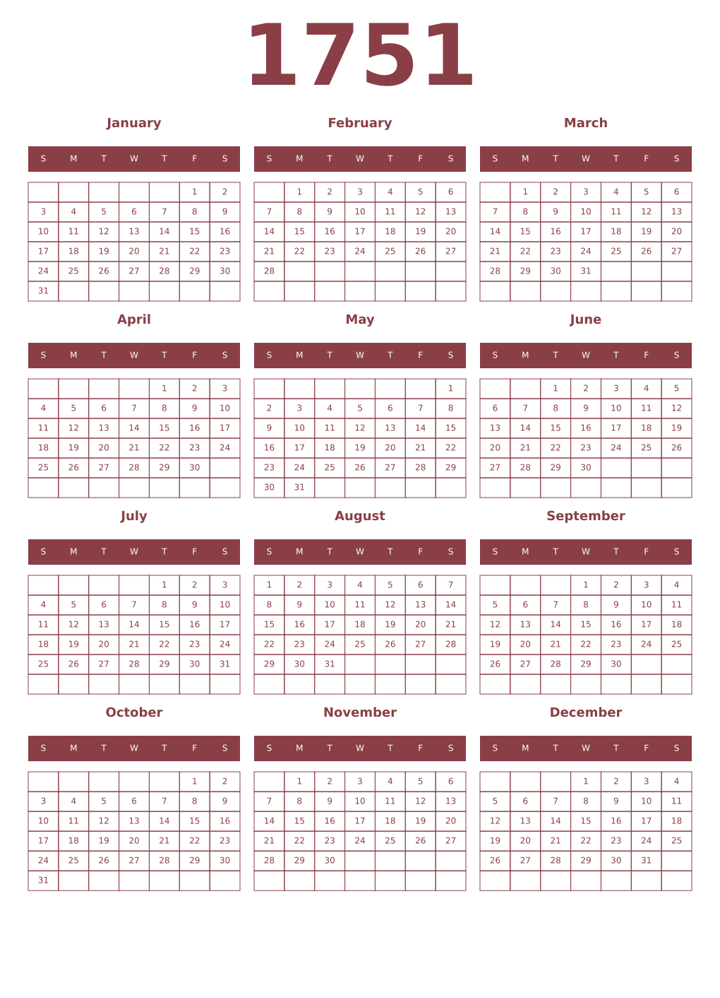 Printable 1751 Year Calendars cordovan
