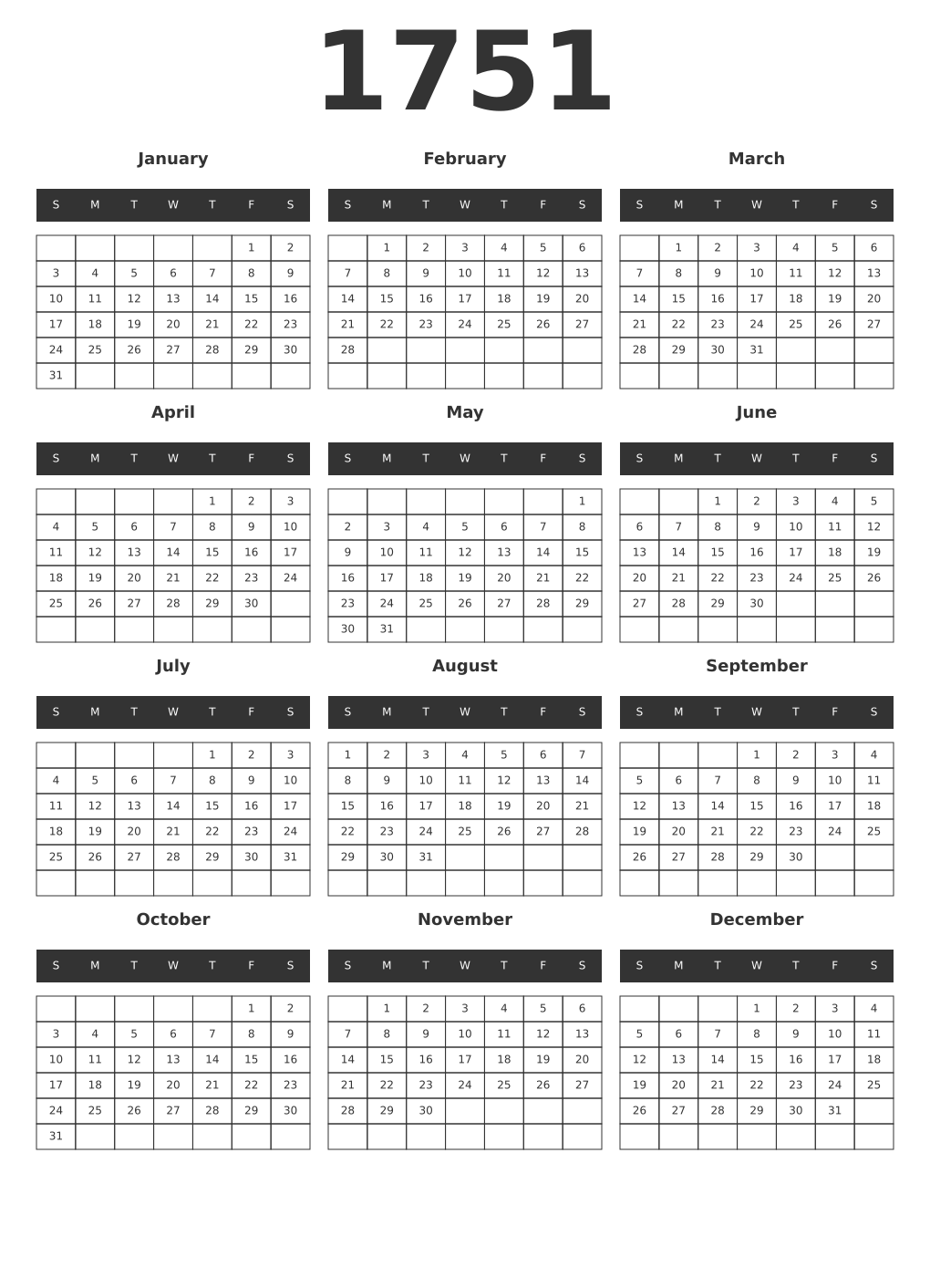 Printable 1751 Year Calendars dark